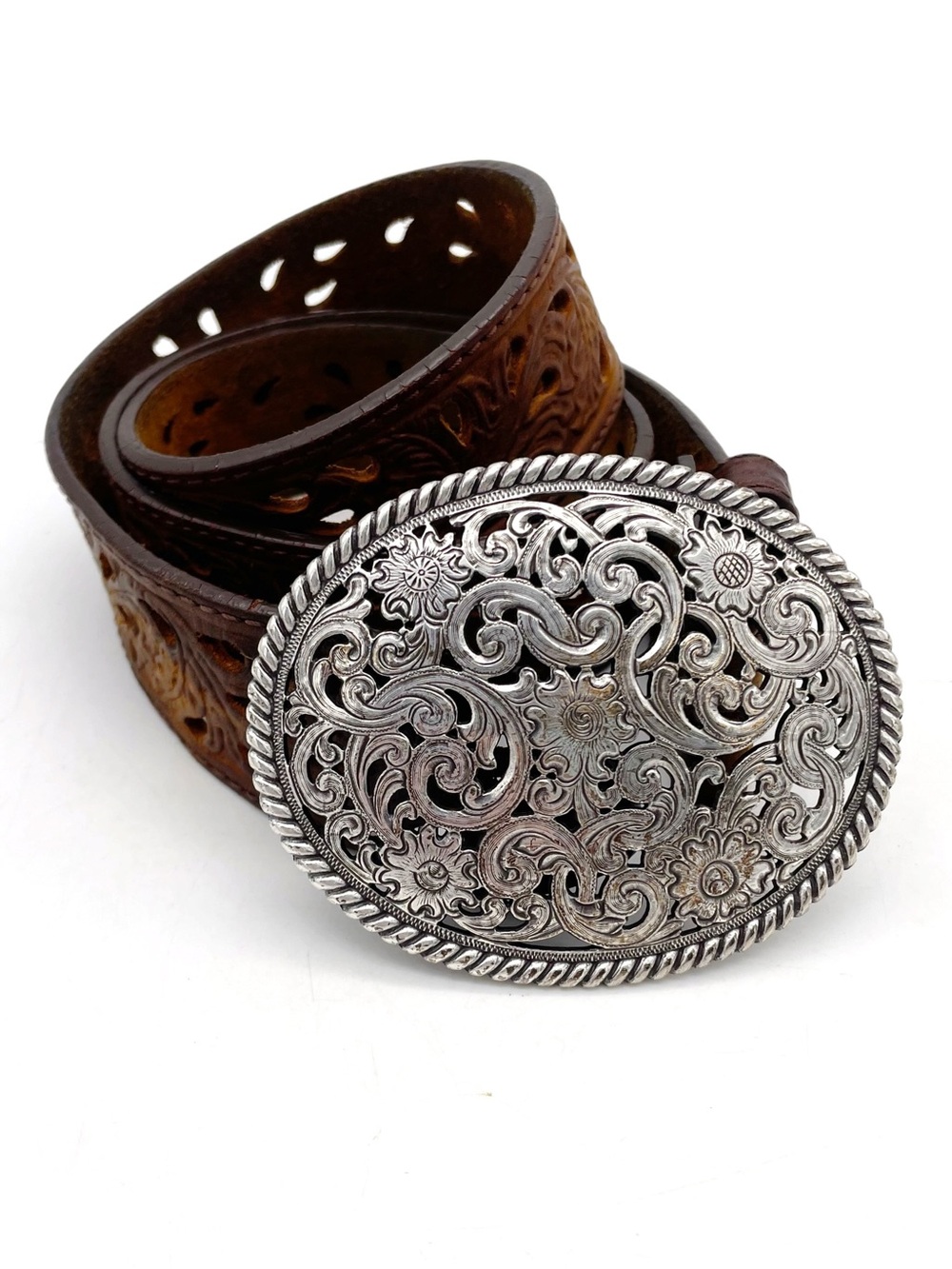 Tony Lama Leather Belt Size 32 Brown Tooled Cutout Western Floral Silver Buckle - Picture 11 of 12